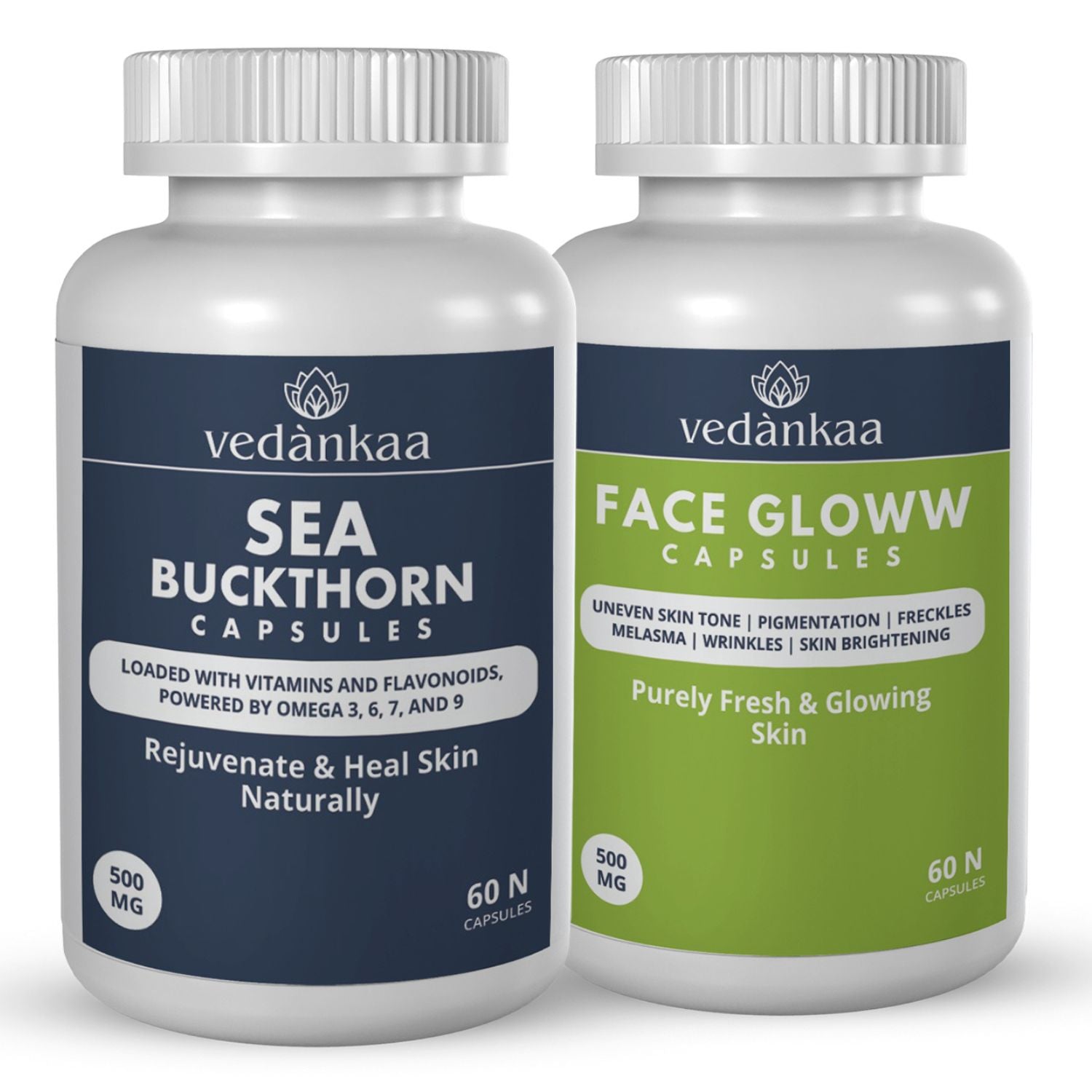Vedànkaa Sea Buckthorn + Face Glow - 120 Capsules for Fine Lines, Pigmentation, Wrinkles
