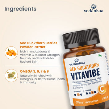 Vedànkaa Vitavibe Sea Buckthorn | 500mg Vitamin C Glow, Collagen | 60 Caps