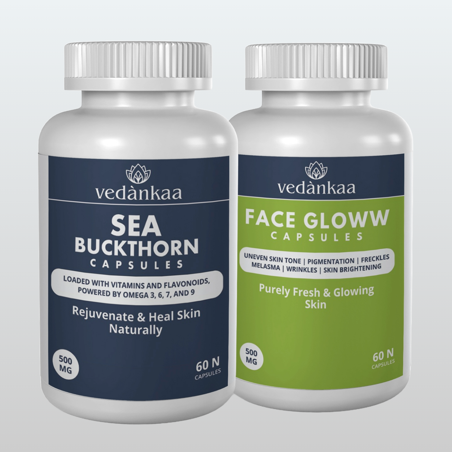 Vedànkaa Sea Buckthorn + Face Glow - 120 Capsules for Fine Lines, Pigmentation, Wrinkles