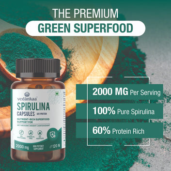 Vedànkaa Spirulina Capsules - High Protein-Rich Superfood for Metabolism, Weight & Antioxidant Support-2000mg