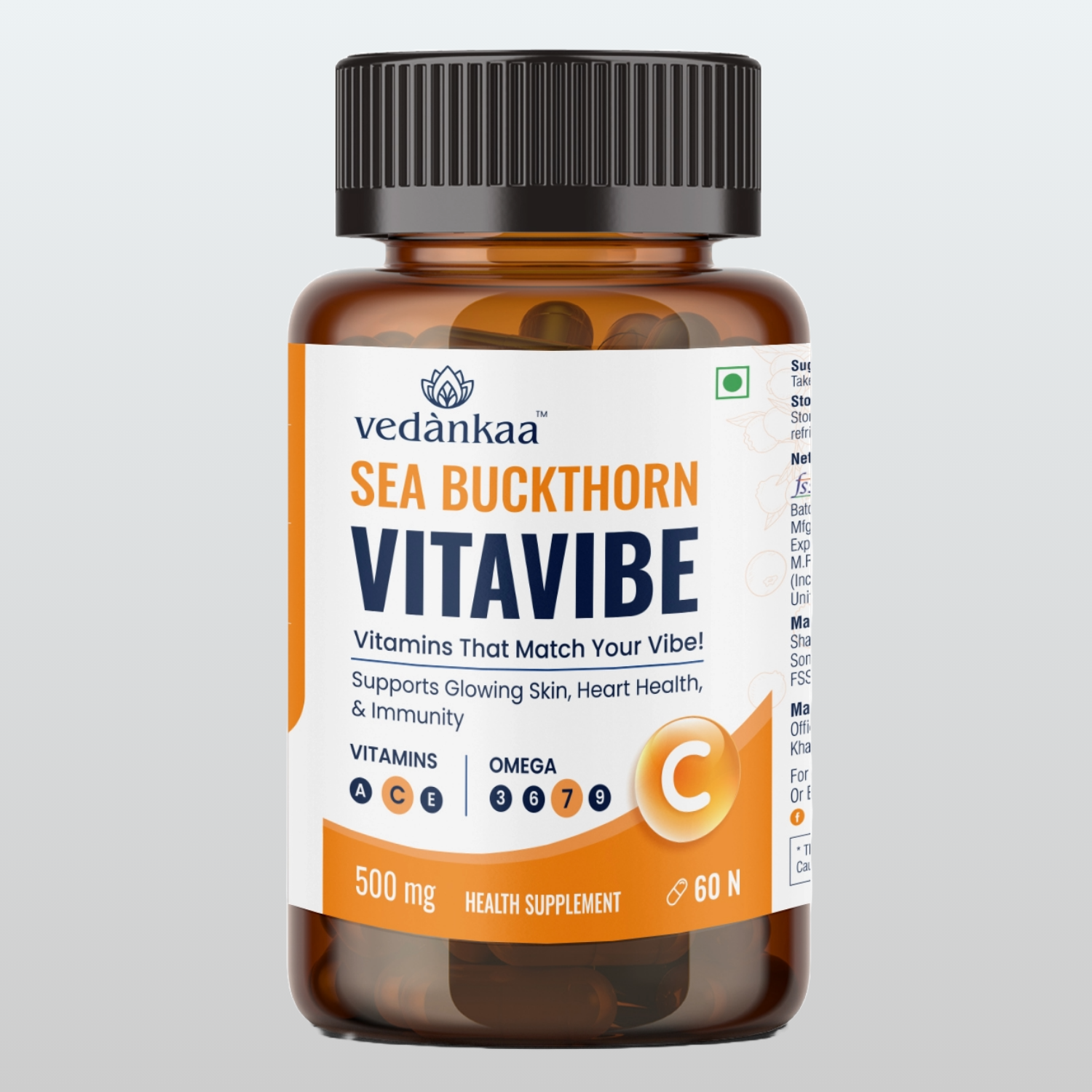 Vedànkaa Vitavibe Sea Buckthorn Capsules - 500mg Vitamin C for Skin Glow & Collagen | 60 Vegan Caps