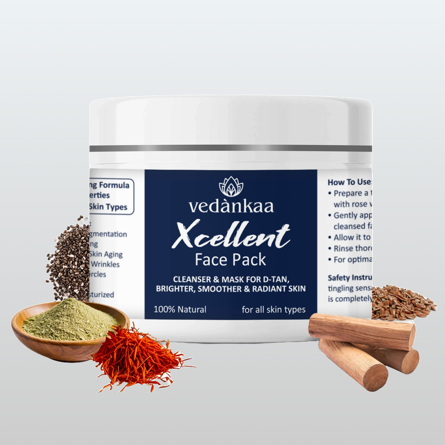 Vedànkaa Xcellent D-Tan Face Pack for Glowing Skin with Saffron, Multani Mitti & Chandan